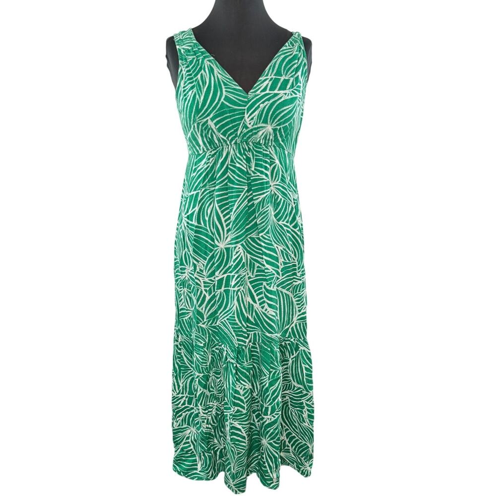 JAPNA Green White Tank Maxi Dress Tropical Leaf V-Neck Tiered Party Size Small S